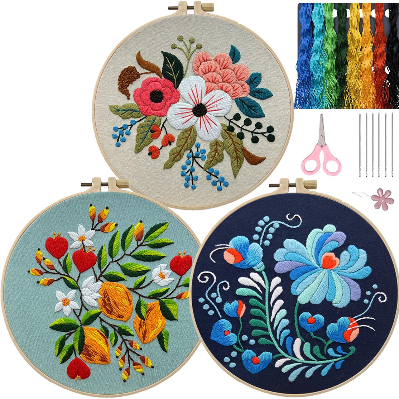 3 Sets Embroidery Kit for Beginners Adults, Flower Pattern Hand Embroidery Kit Cross Stitch Starter Kits DIY Embroidery Kits with Patterns and Instructions Hoops Needles Threads, Onesize